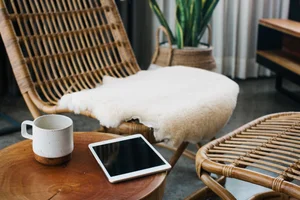 Calm workspace with a rattan chair